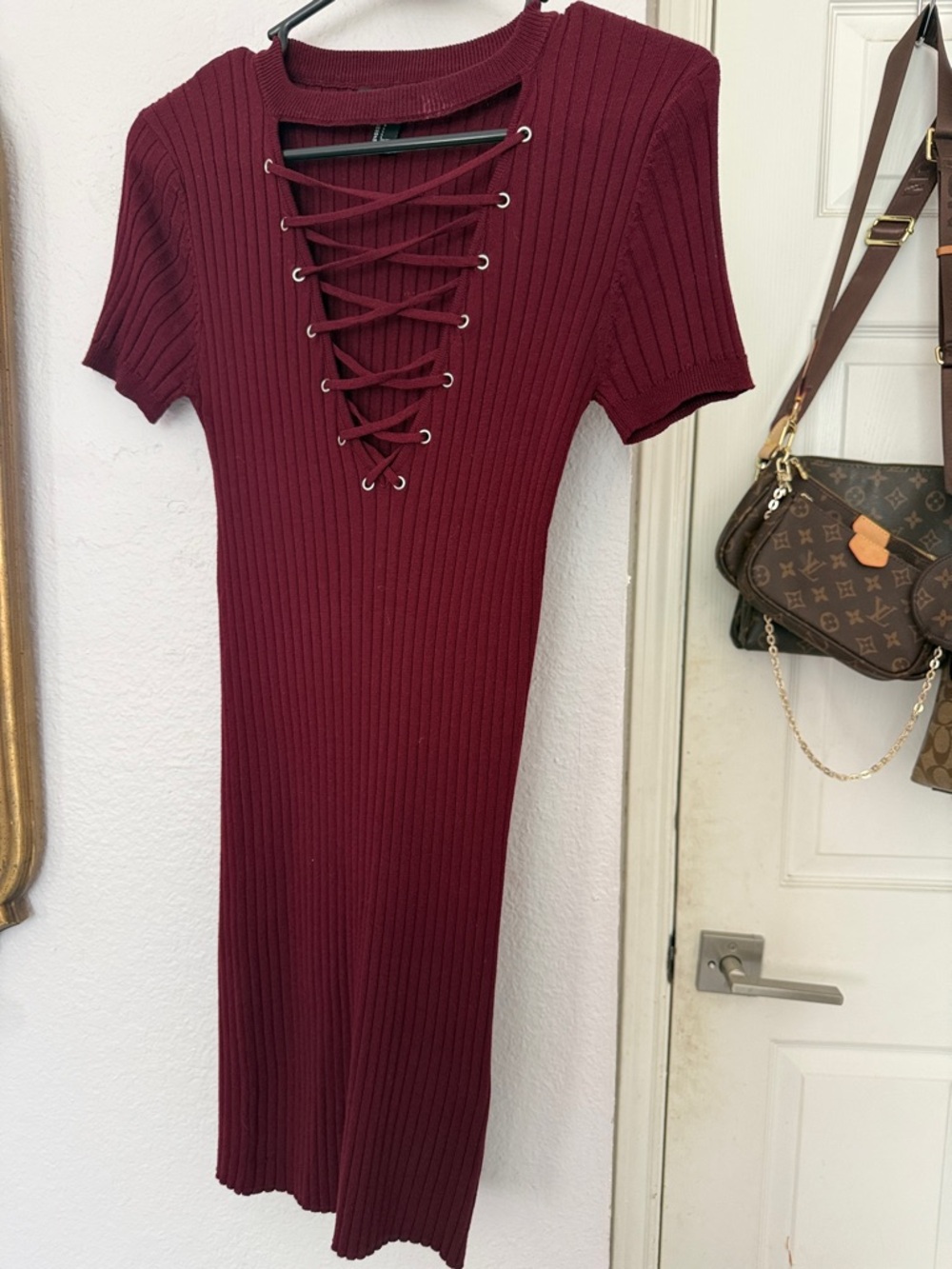 Forever 21 Burgundy Ribbed Lace-Up Short Sleeve Dress